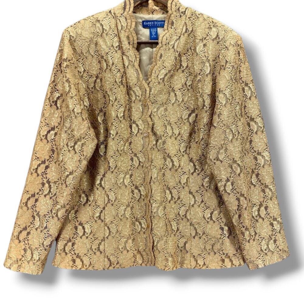 Karen Scott Women's Lace Blazer Coat with Pearls & Lining Brown Size  xl